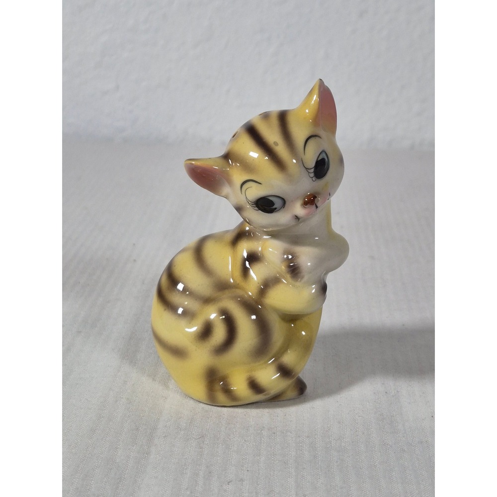 Vtg Ceramic Tabby Cat Single Salt Pepper Shaker Yellow Brown Striped